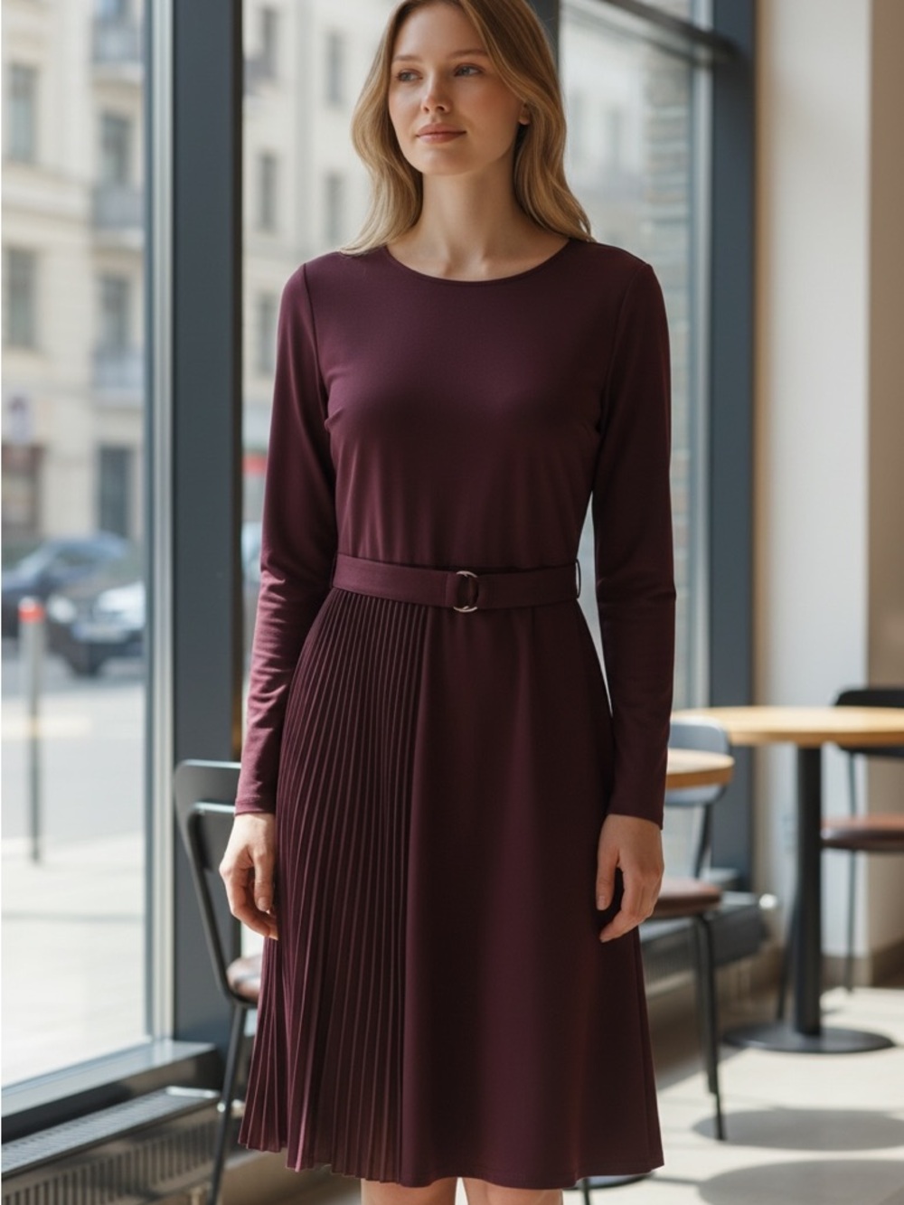MaxMara Long-Sleeve Belted Pleated Hem Dress in Deep Burgundy